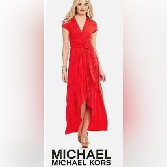 MICHAEL KORS Red High/Low Surplice V-Neck Tie Stretch Maxi Dress size 14P - Picture 2 of 7